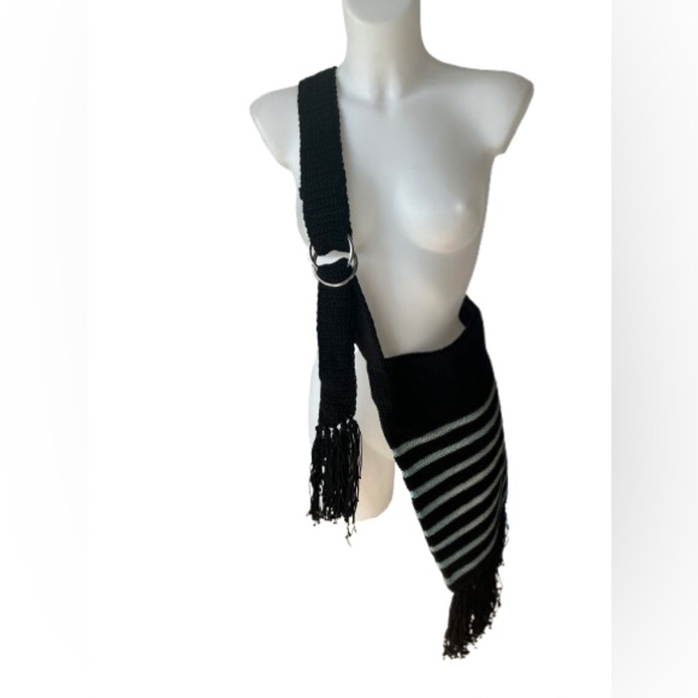 Auxiliary by Aritzia Venice Crochet Crossbody Fringe Hobo Bag Navy & Light Blue